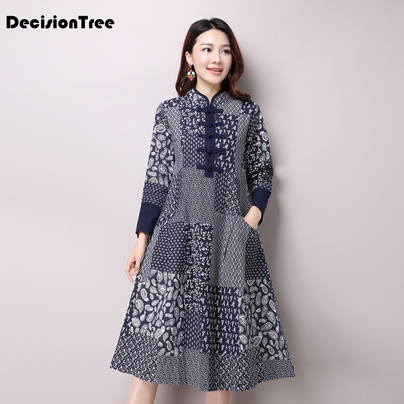 vestido chino tradicional qipao mujeres cheongsam estilo chino flor femenina estampado vestido oriental Chino de manga larga