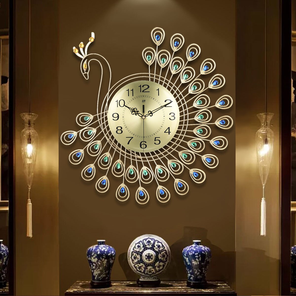 Large 3D Gold Diamond peacock Wall Clock Metal Watch for Home Living Room Decoration wall clock DIY Clocks Ornaments 53x53cm