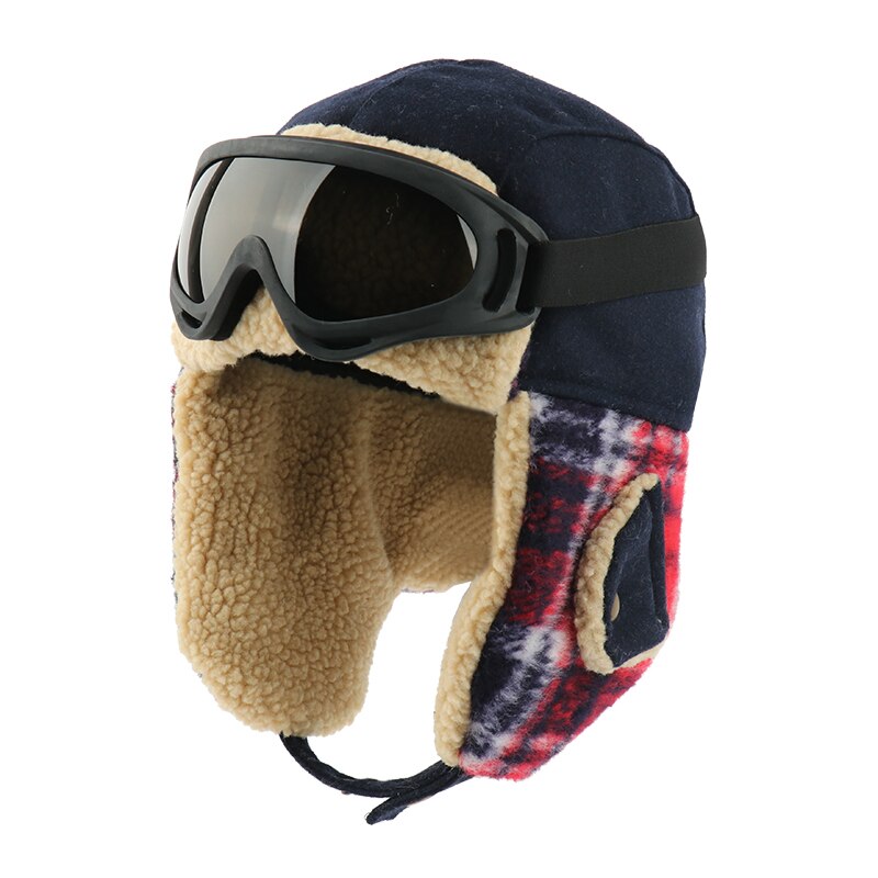 Camoland plaid bomber hat til mænd kvinder øreklap russisk ushanka kasket med beskyttelsesbriller termisk imiteret berber fleece trapper pilot hat: Rød med beskyttelsesbriller