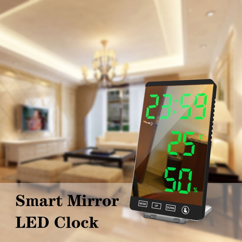 Newest 6 Inch Mirror LED Alarm Clock LED Time USB Temperature Humidity Display Home Decor Table Mirror Clock