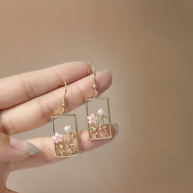 Temperamento in stile giapponese Clip quadrata vuota su orecchino imitazione perla rosa Sakura fiore orecchino a Clip senza Piercing Non forato