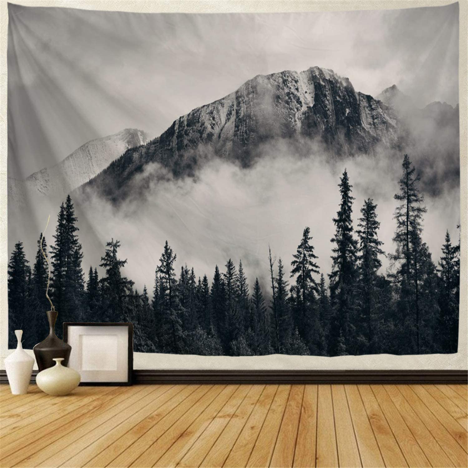 Nature noir blanc forêt brouillard montagnes tapisserie tenture murale mystérieux arbre décor à la maison pour salon chambre dortoir: 230X150CM