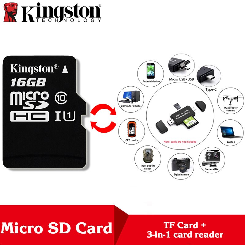 Kingston Microsd 8gb 16gb 32gb 64gb 128gb 256gb Memory Card Class 10 SDHC TF Card With Card Adapter/Reader for iphone&Laptop: TF16-R320-Reader