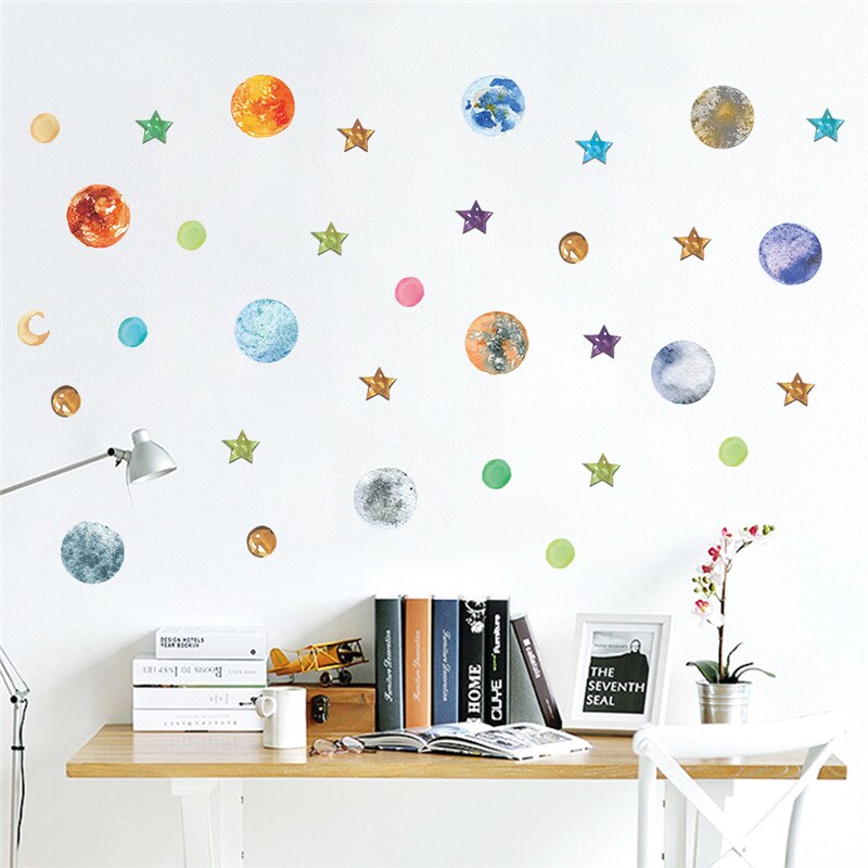 Pegatinas de pared para el sistema solar del espacio exterior, calcomanías de planetas, tierra, sol, Saturno, Marte, muro estelar, mural para sala de estar y dormitorio: 982