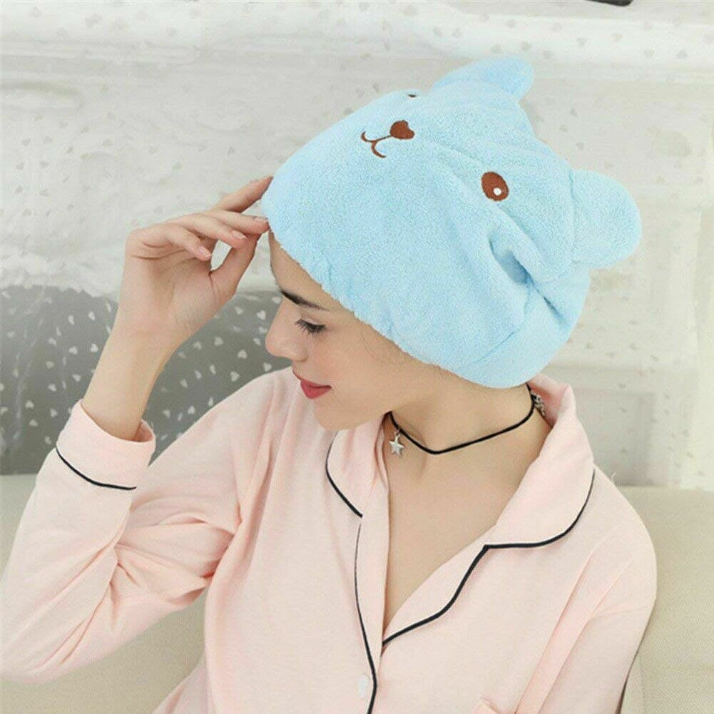 Nette Bär Mikrofaser Haar Handtuch Turban Absorbieren Schnell Trockenes Haar Hütte Gewickelt Mit Kapuze Handtuch bat Kappe Trockenes Haar Hüte Waschlappen: Blau