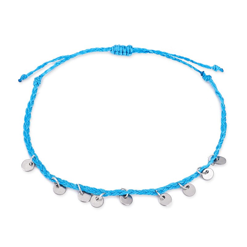 Bracelet de cheville en fil de cire tissé à la main avec pendentif en forme de disque de cuivre, bijou de plage simple pour femmes: Lb049-3