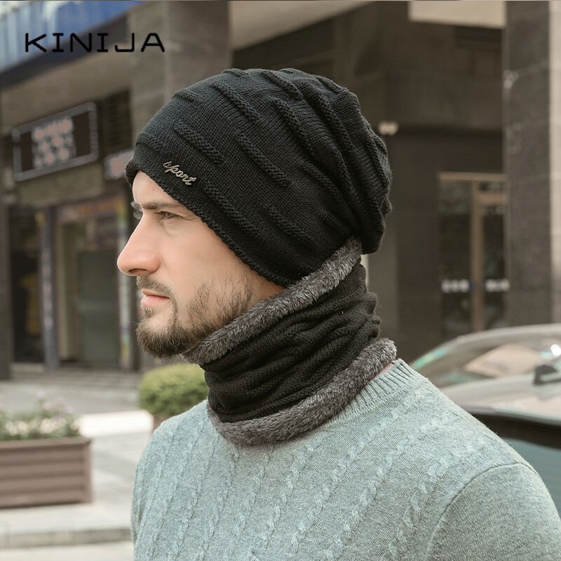 Gorro + bufanda conjunto de dos piezas Otoño Invierno gorras de lana calentador de cuello a prueba de viento gorro de punto de terciopelo grueso cálido y grueso sombrero de lana: Black