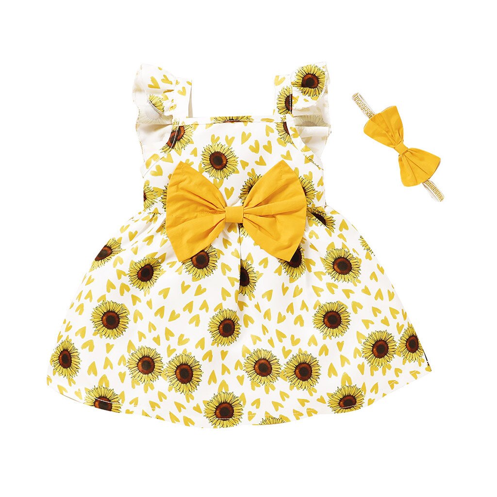 Sunflower Girls Summer Clothes Sets Fly Sleeve Floral Print Dress+headbands 2pcs Dress Party Girls Dresses Children Clothing: Yellow / 2-3 Years