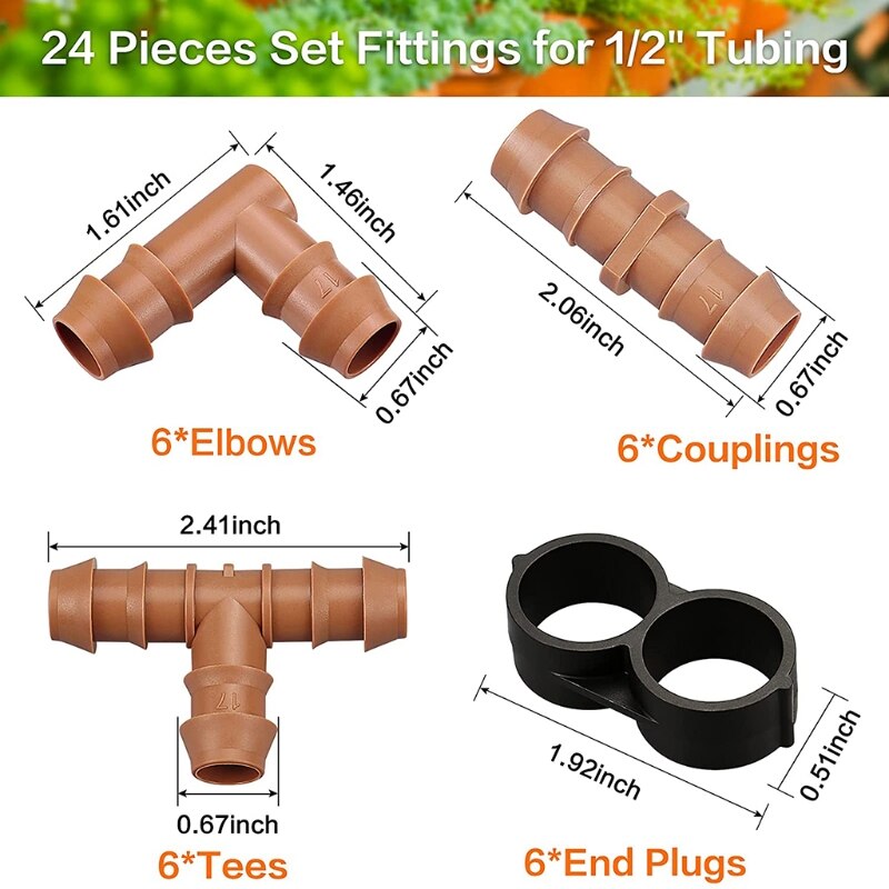 Drip Irrigation Fittings Kit 24 Pcs Tubing Fitting Set Includes 6 Tees 6 Couplings 6 Elbows and 6 End Plugs Drip Irrigation