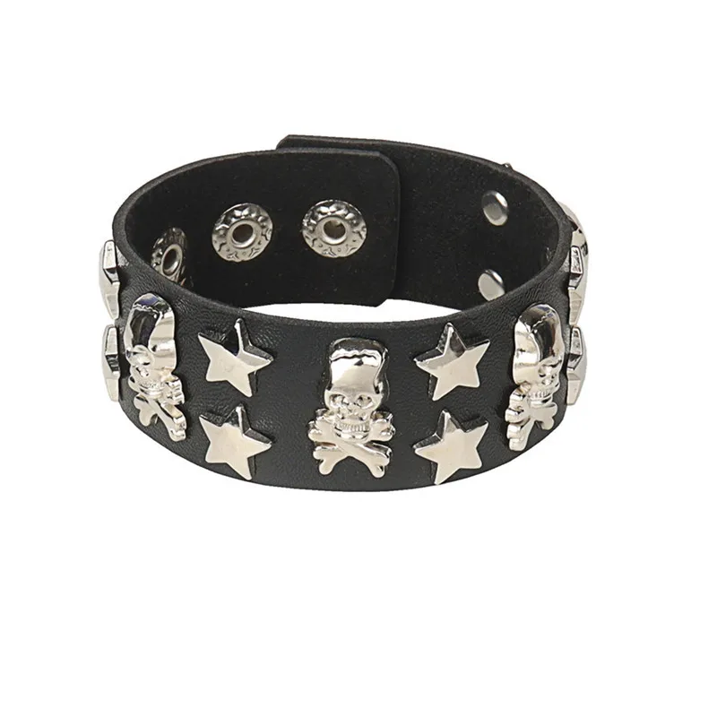 Bracelet gothique Punk crâne, chaînes en métal, pointes à rivets, en cuir Pu, manchette large, bijoux pour femmes et hommes, 2023: Zinc blanc bleu plaqué