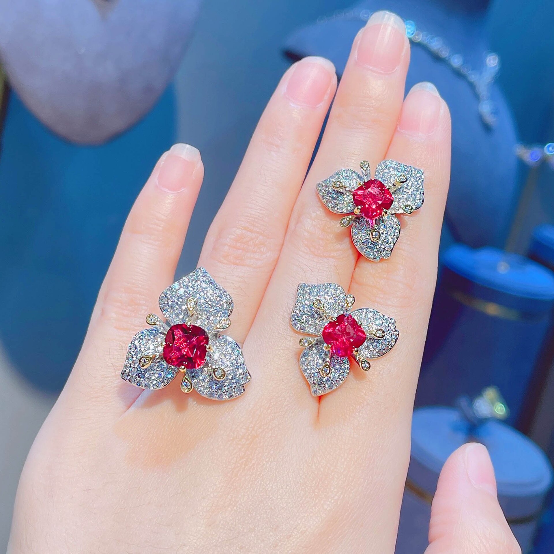 2022 Trendy Silver Color Jewelry Sets Flower Petal Crystal Stud Earrings Ring Popular Birthday: Red 1 Set