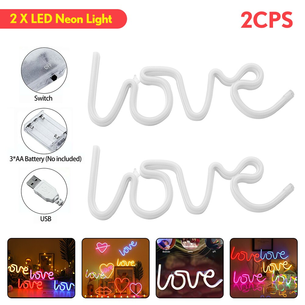 Romantic LOVE Letters LED Night Light USB Charging Home Decor Neon Lamp USB Charging battery box lamp Home led night lamp: 2PC Pink A 1.9 W