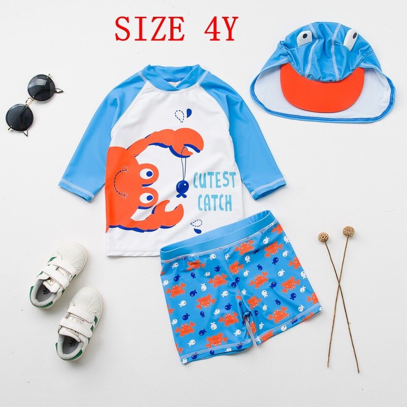 Baby Swimwear UV Protected Long Sleeve Bathing Suit Lovely Frog Print Two Pieces + Cap Boys Swimsuit Kids Swimming Pool Clothes: SIZE 4Y H17102