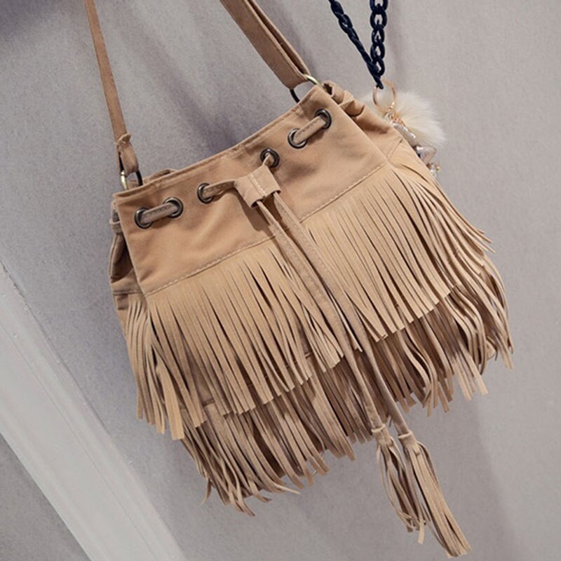 Retro faux semsket frynser kvinner messenger bags tote veske dusk skuldervesker crossbody bag bolsa feminina: Beige