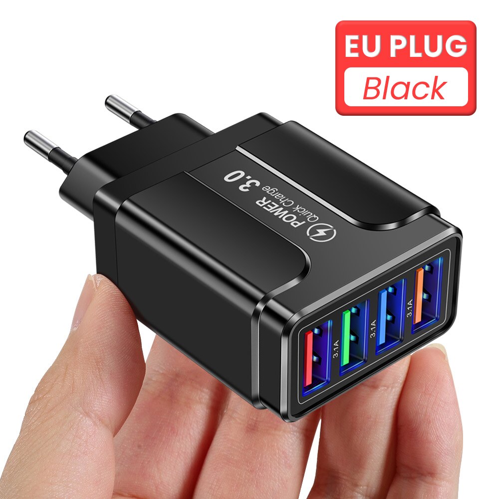 4 Poorten Usb Charger 3.1A Quick Charge Travel Charger Eu/Us/Uk Plug Snel Opladen Lader Voor iphone 13 12 Pro Xiaomi Redmi: BLACK EU PLUG