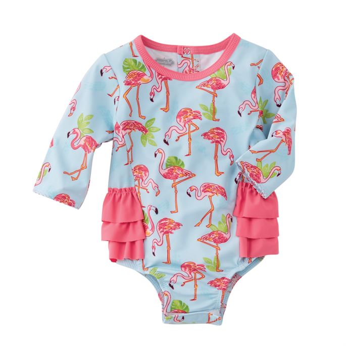 0-24M Pasgeboren Baby Meisje Badmode Flamingo Print Lange Mouw Een Stuk Badpak Schattig Meisje Ruches tutu Badpak Bikini