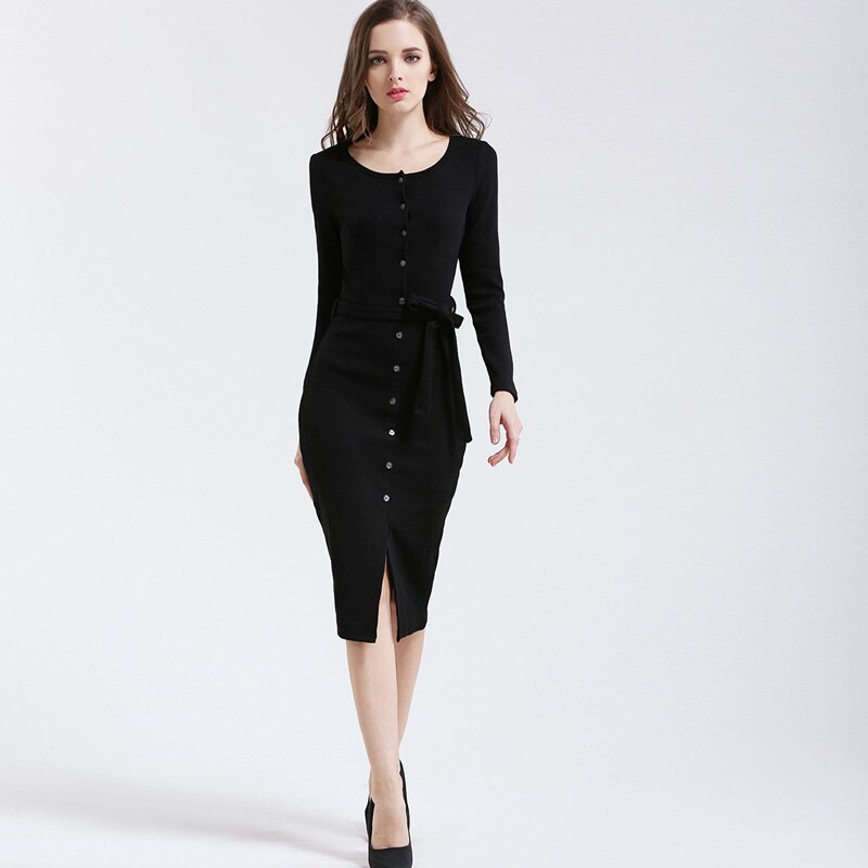 Women Autumn Winter Knitted Dress Single Breasted Cardigan Dress Slim Sweater Dress With Sashes FS0343