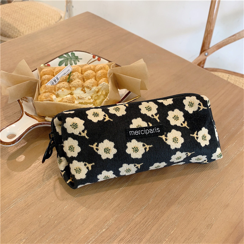 Trousse à crayons coréenne papeterie rétro Estuche étuis Kawaii fleur trousse à crayons pour filles matériel Escolar Papeleria Trousse Scolaire: Black