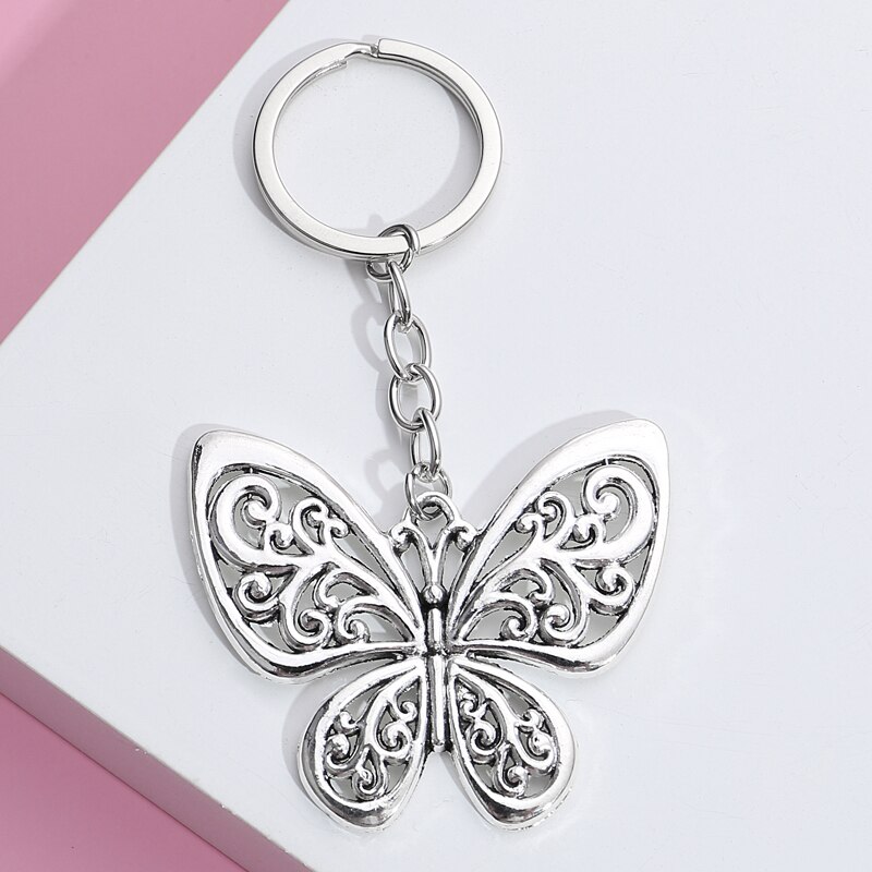 Lovely Butterfly And Flower Keychain Animal Garden Key Ring Metal Key Chains Fit Women Men DIY Car Hanging Jewelry Handmade: E3270