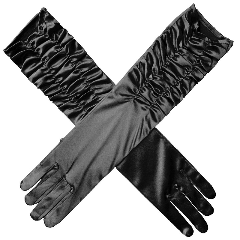 Gants longs en Satin extensible pour adulte, noir, blanc, rouge, gris, peau opéra/coude/poignet, Costume assorti pour femme: Black