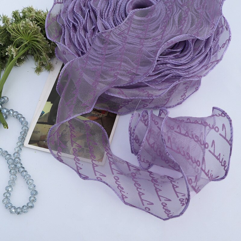 Cinta de Organza con estampado de letras flocadas, borde ondulado para envolver artesanales, decoración del hogar y , 55mm, 5 yardas/lote