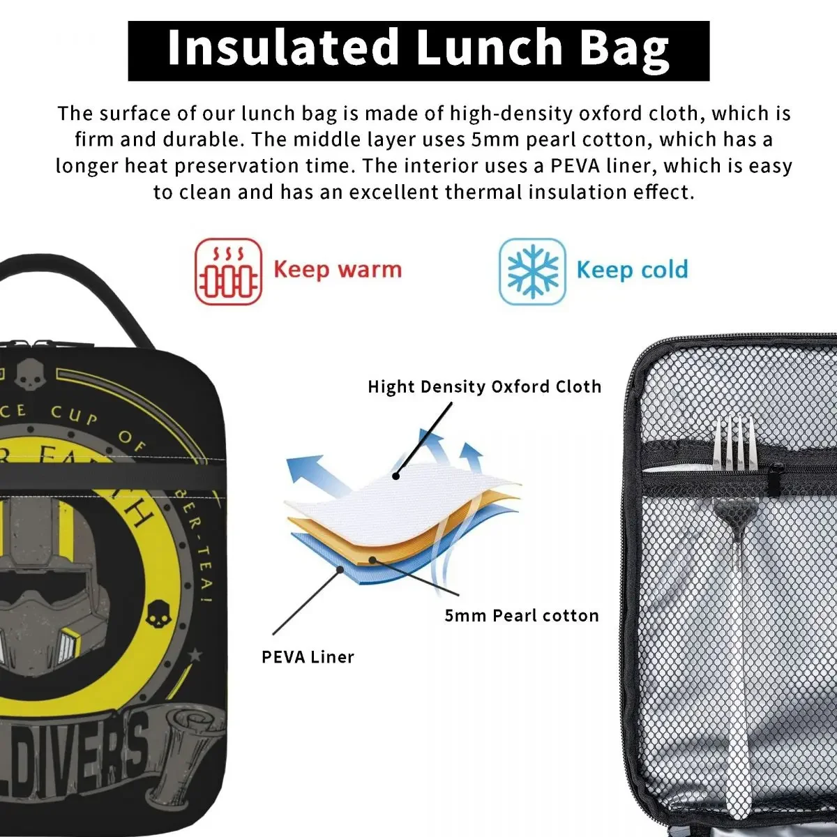 Helldivers Video Game Insulated Lunch Bag Cooler Bag Meal Container Portable Lunch Box Tote Food Handbags Work Outdoor