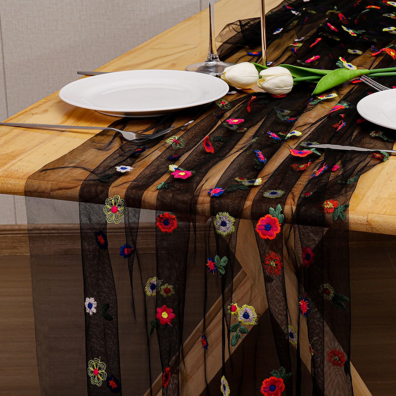 Svart prästkrage höstbordslöpare broderad gasväv blommor säsongsbetonad tyll födelsedag kök matbordsdekoration för hemmafest