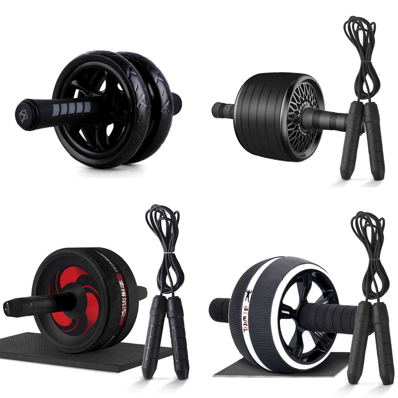 Black Ab Roller &amp; Jump Rope No Noise Abdominal Wheel Ab Roller with Mat For Arm Waist Leg Exercise Gym Fitness Equipment