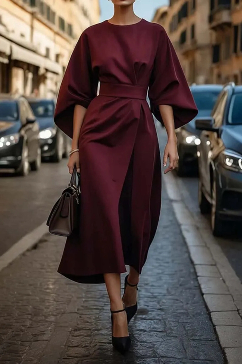 Oansatz Sieben-viertel Hülse Taille Jahrgang Kleid Für Frauen Elegante Einfarbig Temperament Fledermaus Hülse lässig Kleid weibliche