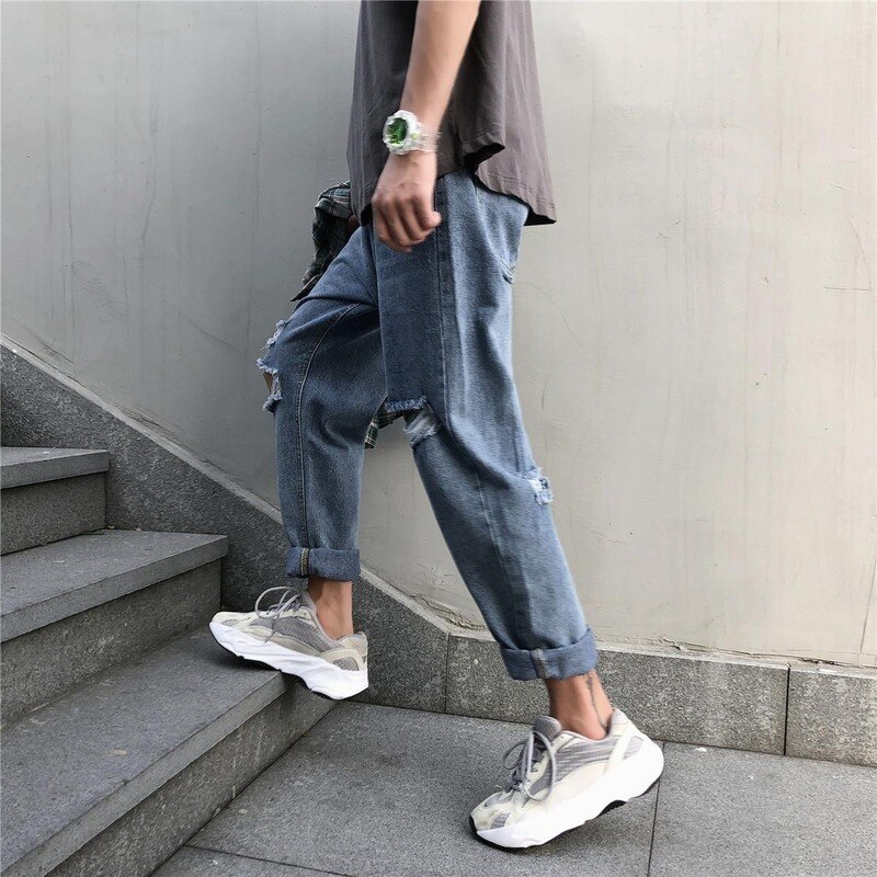 Jeans heren effen gaten oversize 5xl losse harajuku stijlvol in koreaanse stijl chic enkellange rechte herenbroek streetwear