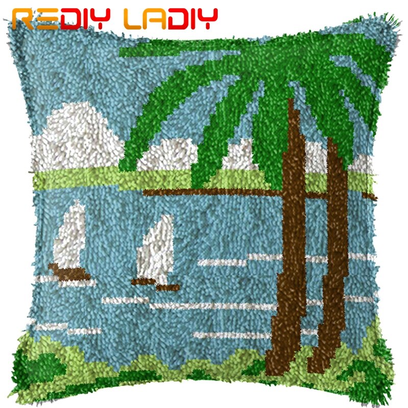 Kits de ganchos de pestillo para hacer tu propio cojín, paisaje de costa, funda de almohada de ganchillo de lona impresa, funda de cojín con gancho de pestillo, Hobby y manualidades: BZ347