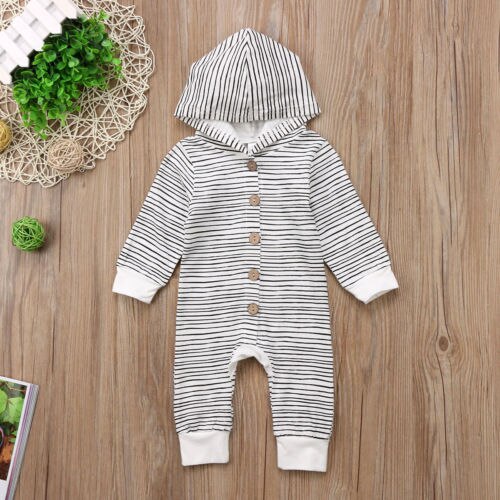 Long sleeve Buttons Decor Stripe Hooded Romper Jumpsuit For Baby Boy