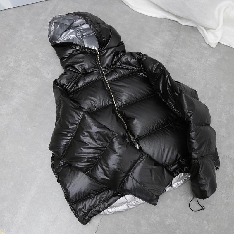 Ailegogo guld silver dubbelsidig kappa vinterjacka dam huvor vita ankdun parkas dam varm snö dun ytterkläder: Svart och silver / M