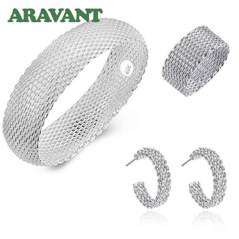 Nouvelle 925 ensembles de bijoux en argent rond tissé Web bracelets anneaux boucle d'oreille pour les femmes bijoux de mariage