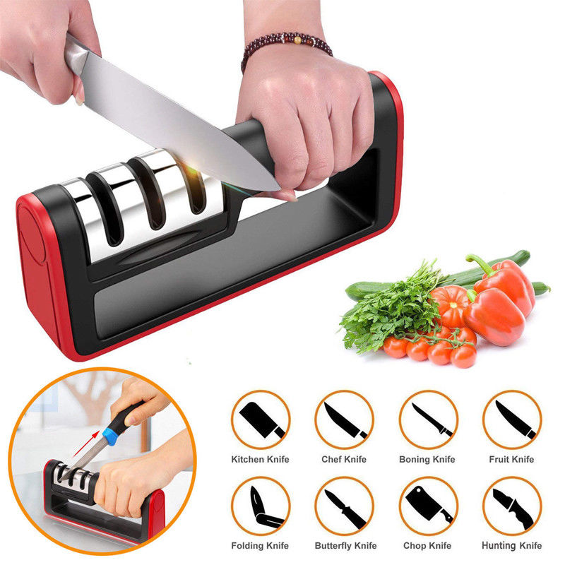 Handle Household Knife Sharpener Hard Carbide Ceramic Sharpening Stone 3 Stages