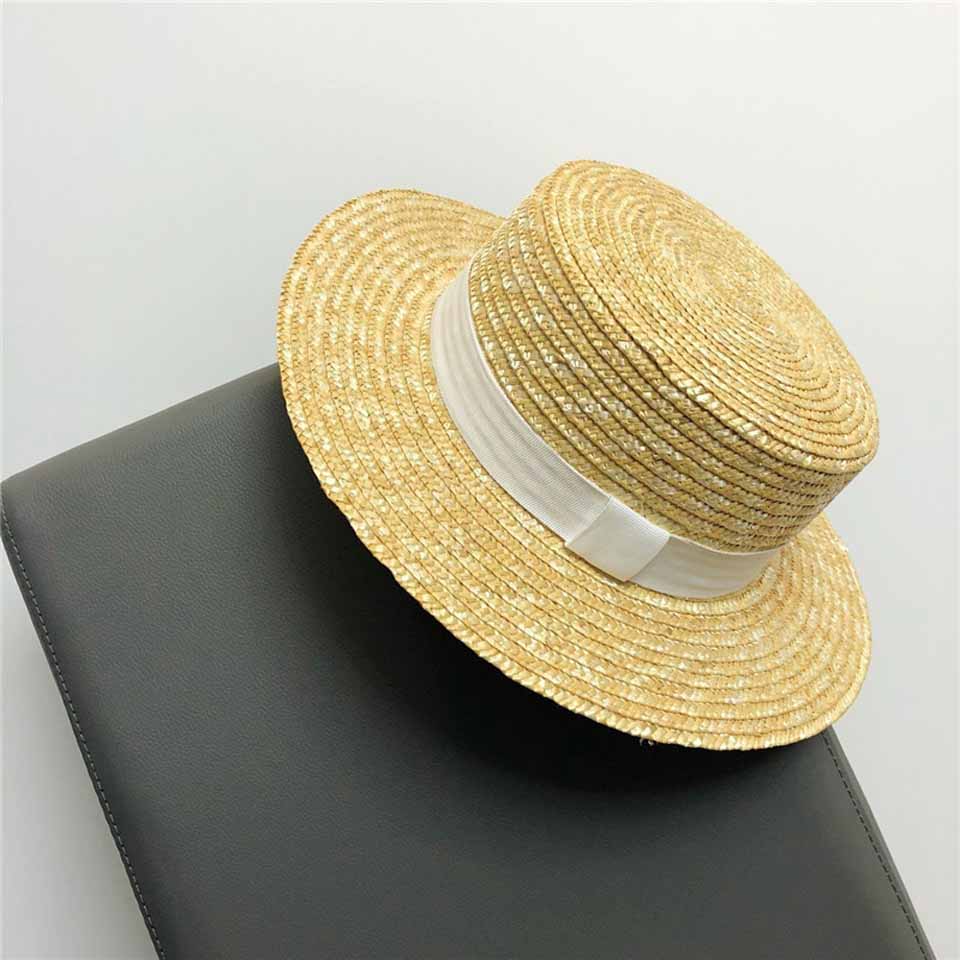 Sommer håndlavet naturlig hvede-halm solhat kvinder stråhat bred skygge flade top hatte mænd strand solide hætter solbeskyttelse chapeau: F0090-2 / S