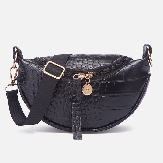 Pu Leer Trend Vrouwen Tas Mode Borst Tas Krokodil Patroon Rits Vrouwen Schouder Messenger Bag Luxe handtassen: Black