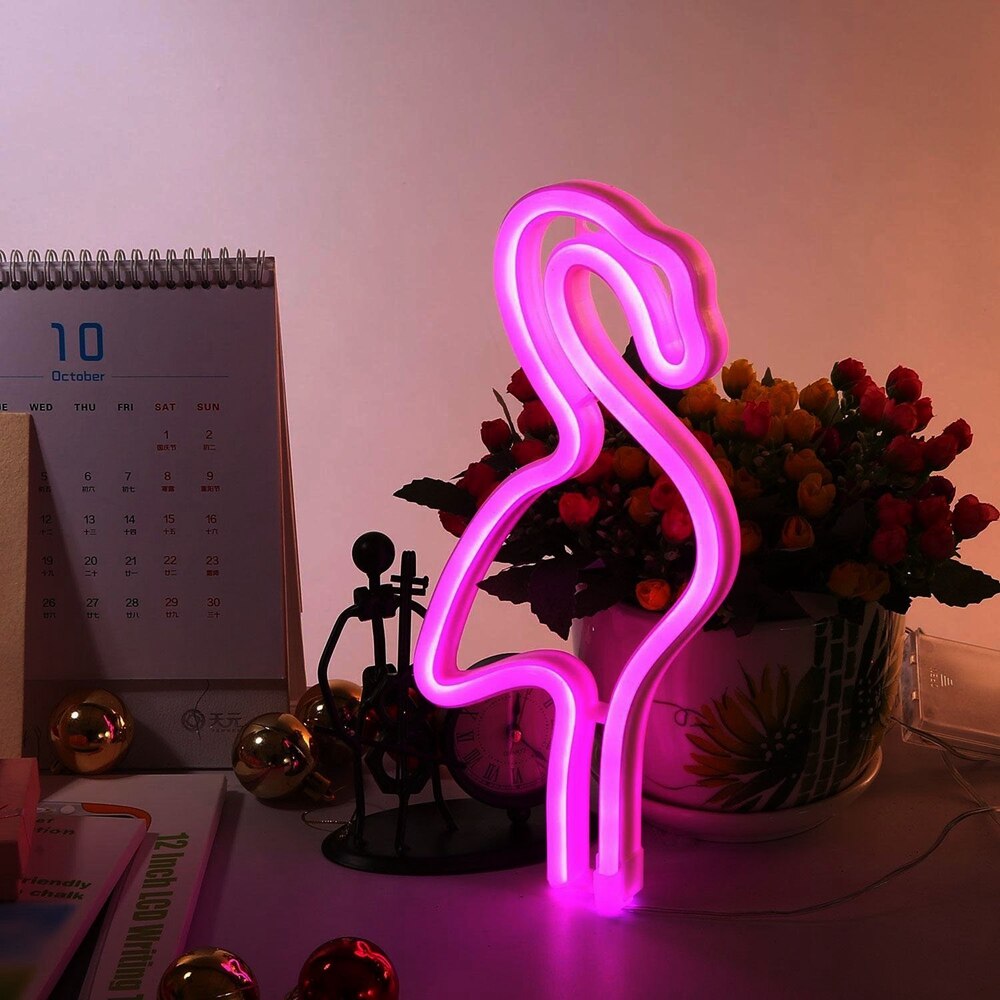 Lámpara de luz LED de neón con de flamenco para niños, lámpara de noche con batería, funciona con USB, para dormitorio, sala de estar, de boda,: Default Title