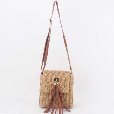 Bolso de mimbre de paja tejida para mujer, bolso de hombro con solapa, informal, pequeño, de borla, para playa, cruzado, para verano,: light brown