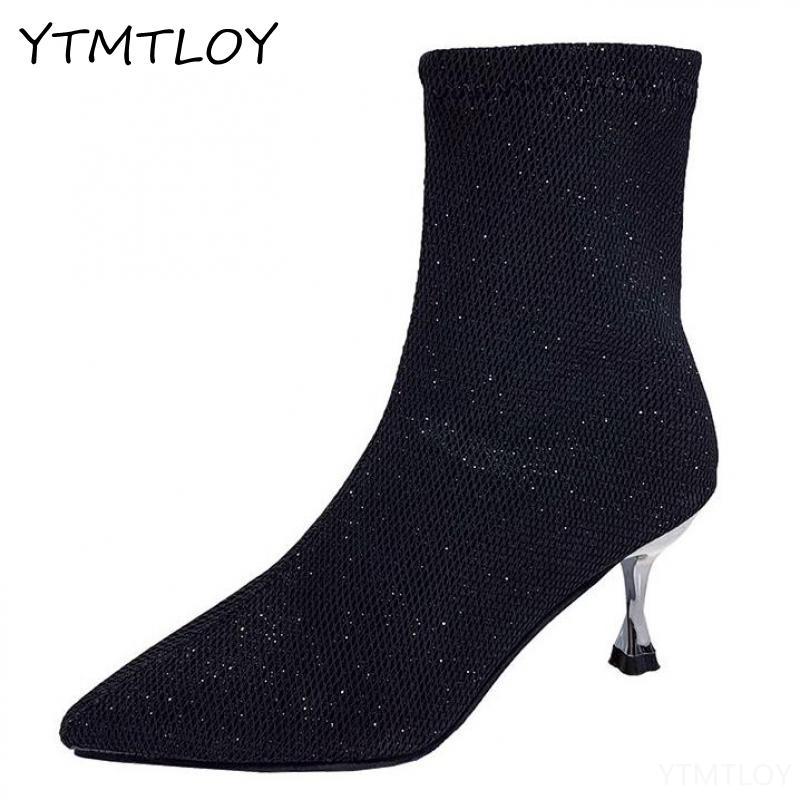 Vintersocka stövlar låg hög klack ankelboots lyx kvinnor desiger glitter korta boots festskor paljettduk