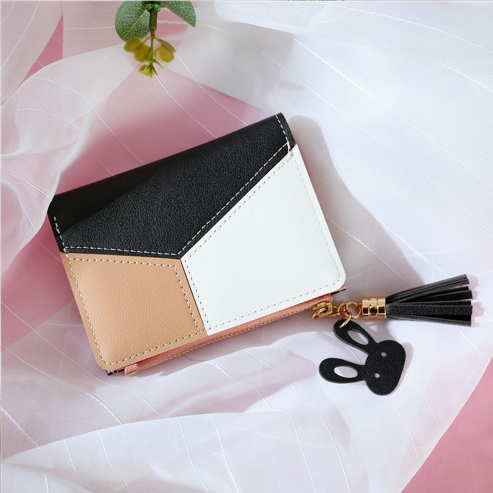 Kvinders kort pung pu læder kontrast kvast lynlås sød kanin mini clutch: Sort