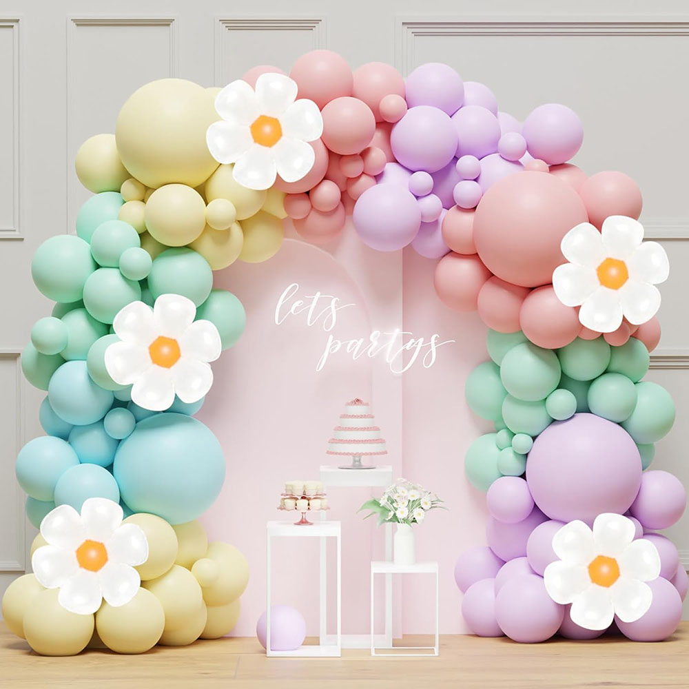 Juego de arco de guirnalda de globos de margaritas, 136 piezas, flores blancas de , macarrón, rosa, amarillo, azul, morado, globo, tema de Margarita de cumpleaños, boda, dos decoraciones bohemias de para fiestas: Default Title