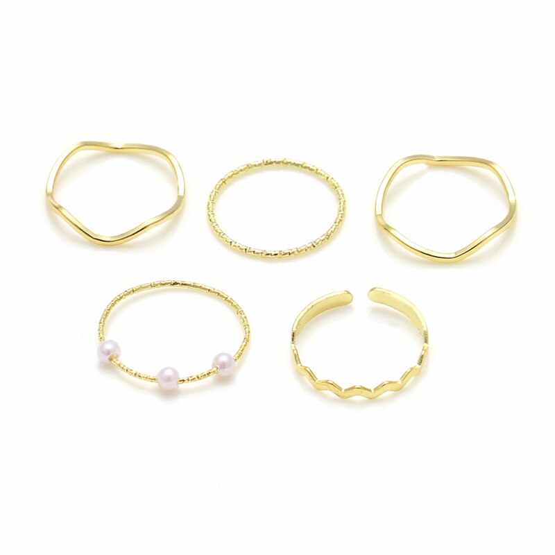 5 Stks/set Mode Imitatie Parel Ringen Voor Vrouwen Goud Kleur Ronde Wave Geometrische Ringen Set Wedding Party Sieraden Nieuw: KM160