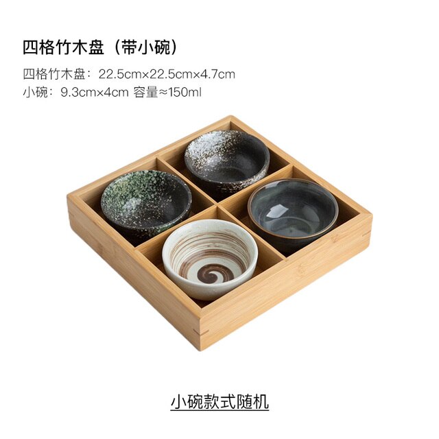 Japanese Style Nine Grid Plate Pot Tableware Barbecue Restaurant Bamboo and Wood Grid Plate Dishes Sushi Sauce Bowl: B-Four grid plate