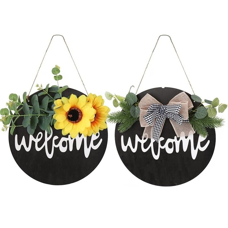 Welcome Wreath Sign Patio Decor, Welcome Front Door Round Wooden Sign Hanging Farmhouse Porch Summer Welcome Sign: Default Title