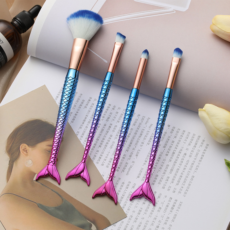 Karsyngirl-brocha de maquillaje de sirena, traje de cuatro piezas, fibra colorida, pelo suave, polvo suelto, herramientas de maquillaje de belleza