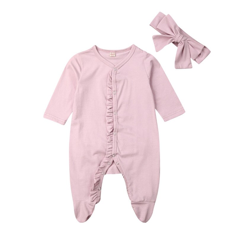 2Pcs Pasgeboren Kids Lente Herfst Baby Baby Jongen Meisje Lange Mouwen Katoen Button Romper Jumpsuit Hoofdband Kleding Outfit