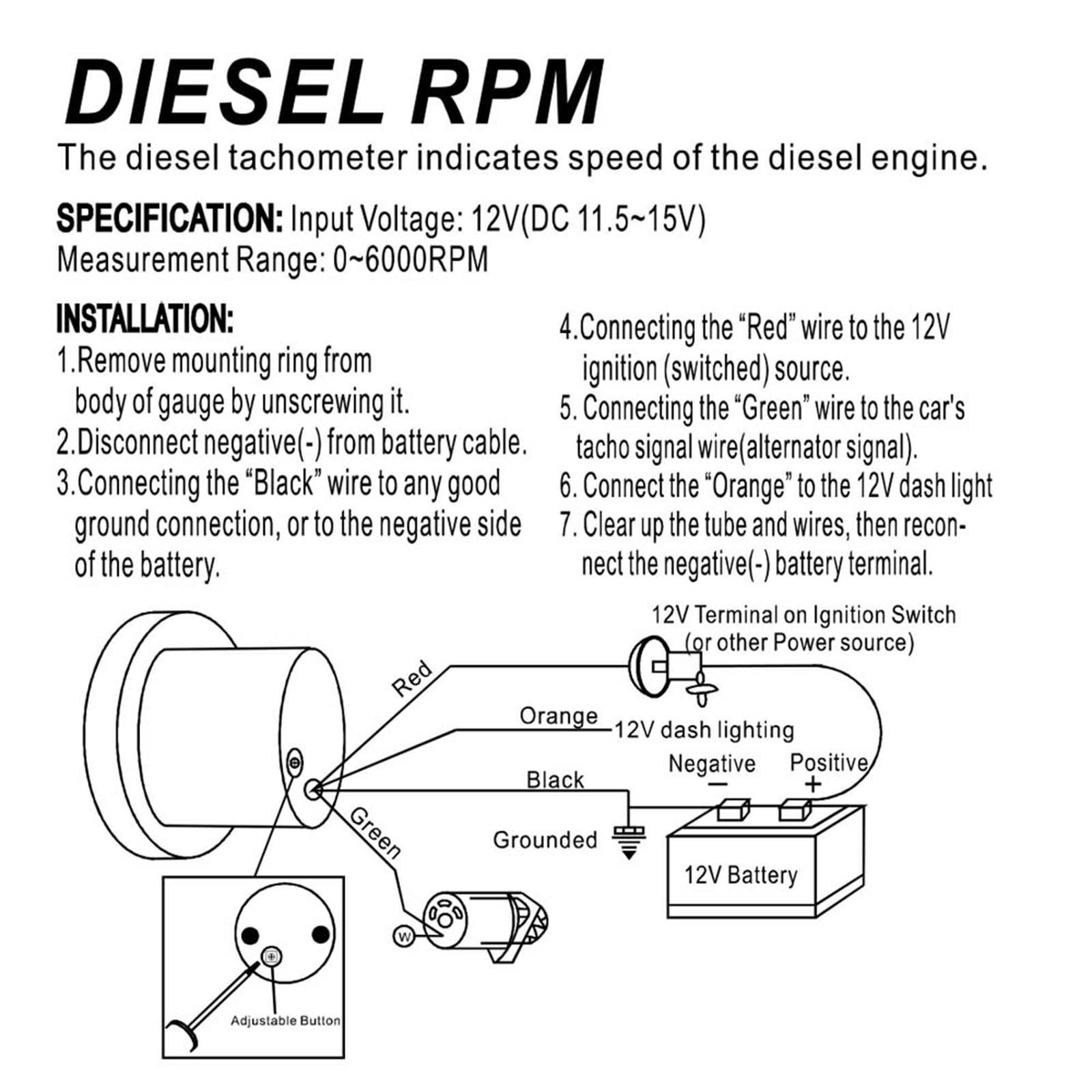 Tachymètre électrique 2 "52MM 0-6000 tr/min, rétro-éclairage blanc, jauge pour moteur Diesel 1-20 cylindres 12V