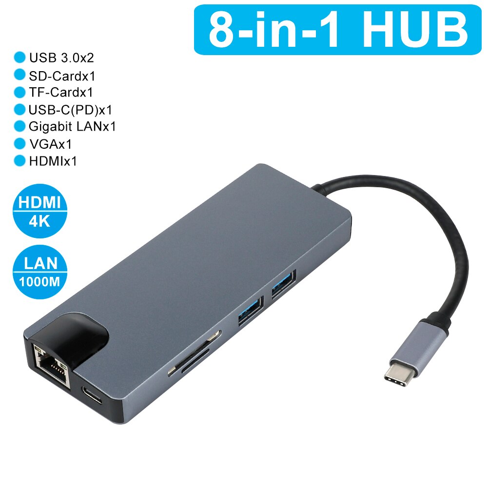 Hub tipo C con adaptador USB tipo C a HDMI VGA RJ45 Lan Ethernet SD TF USB-C 3,0 tipo c PD cargador para MacBook Pro OTG: 8 in 1