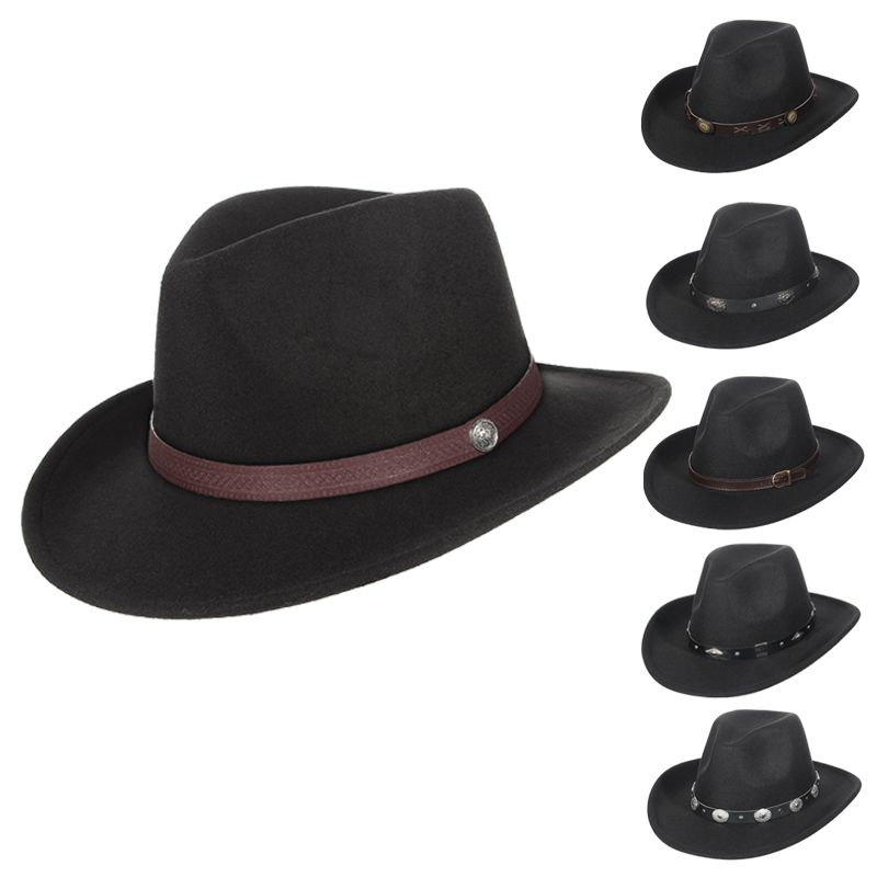 mujeres hombres sombreros de fieltro sombrero de vaquero occidental señora Sombrero Hombre pieza de Metal decoración vaquera Jazz gorras de sol tamaño 57CM
